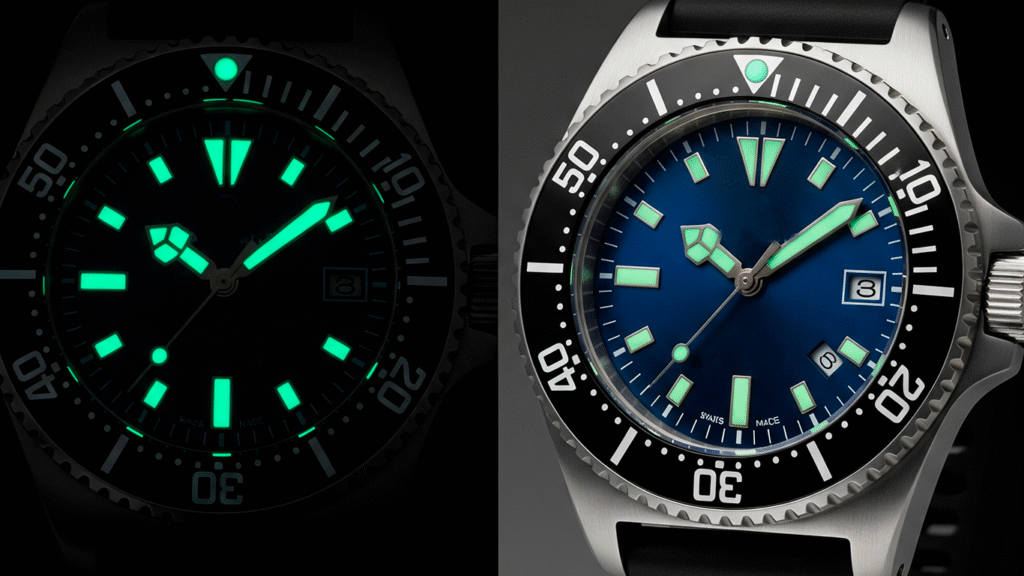 relojes de buceo legibilidad Comparativa de la legibilidad de un reloj sumergible con y sin luz, mostrando su material luminiscente.