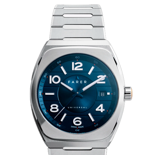 Reloj Farer Integra mostrando su caja de acero y brazalete integrado.