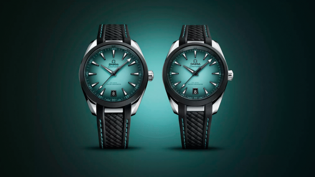 Comparativa de tamaño entre los modelos de 41mm y 38mm del Omega Seamaster Aqua Terra Turquesa.