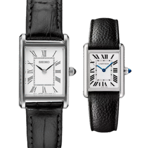 Reloj Seiko Essentials SWR053, la perfecta alternativa japonesa al Cartier Tank, con manecillas azules.