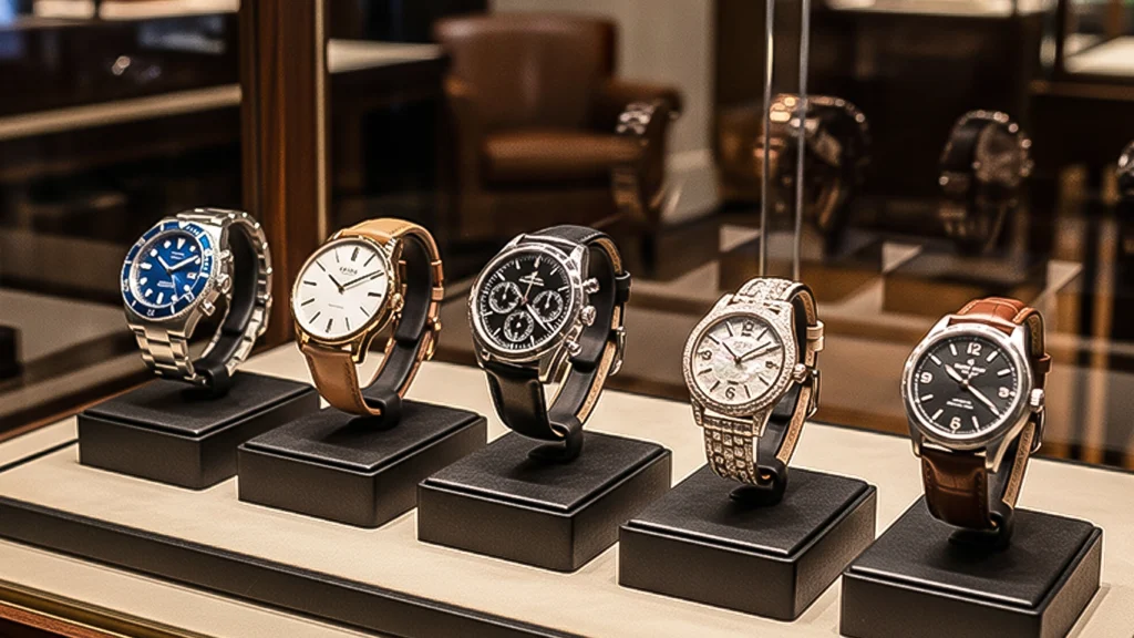 Colección de relojes de lujo en exhibición en una boutique en 2025.